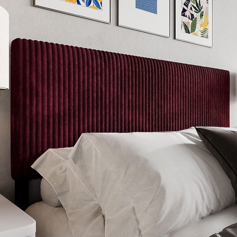 Burgundy Velvet Headboard Vertical Ribbed Texture Plush Upholstery