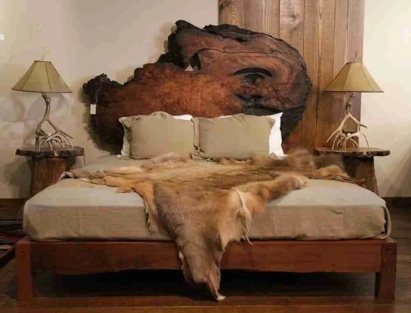 Burl Wood Bed with Live Edge Headboard for Rustic Lodge