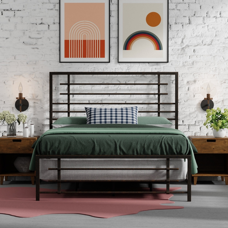 Burnished Black Metal Bed Frame with Horizontal Slat Headboard