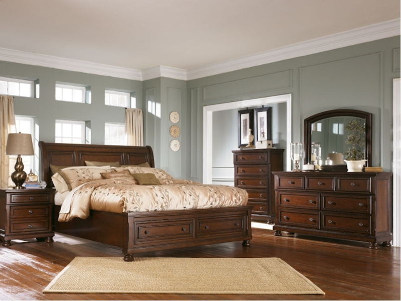 Burnished Wood Sleigh Bed with Functional Storage Footboard Drawers
