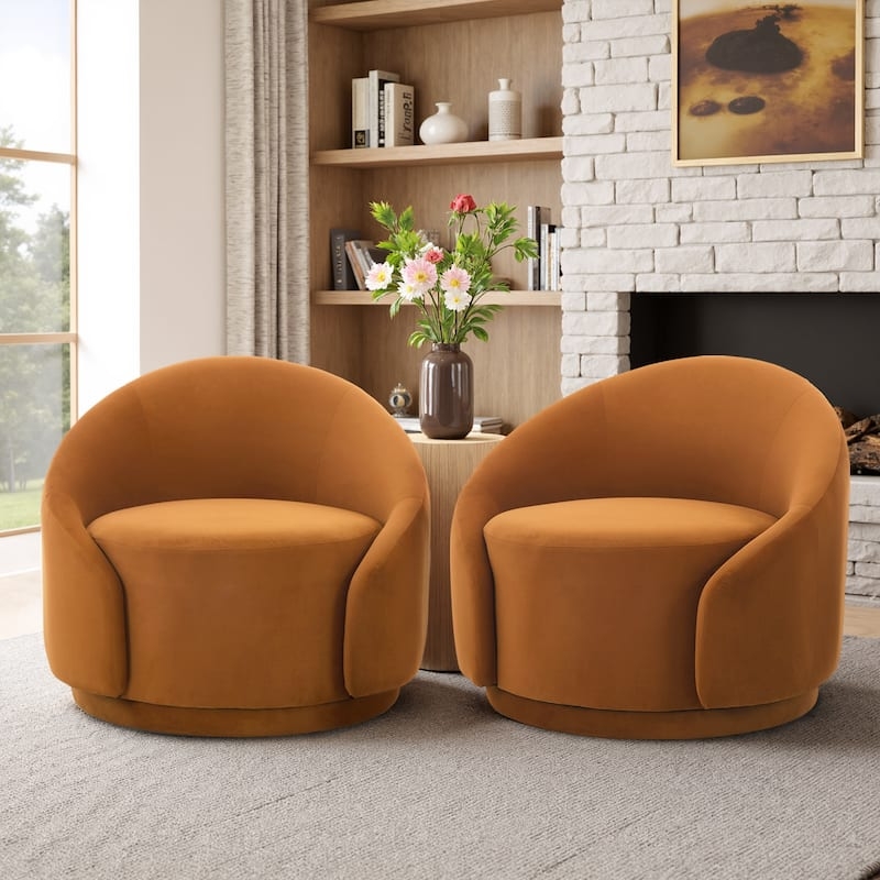 Burnt Orange Velvet Swivel Accent Chairs featuring Barrel Silhouette
