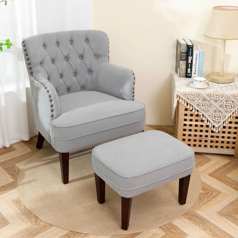 Button Tufted Accent Chair with Ottoman and Nailhead Trim
