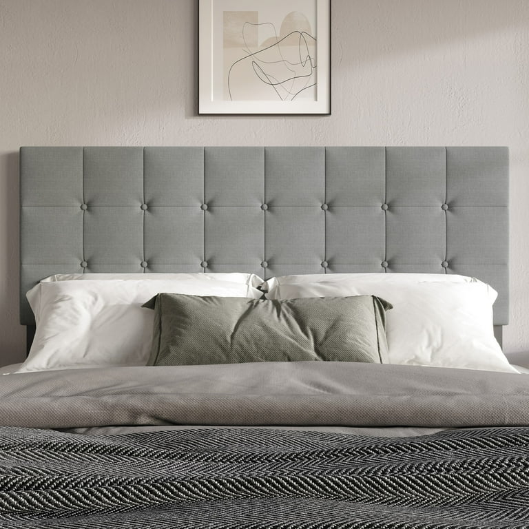 Button Tufted Headboard Woven Texture Padded Fabric Transitional