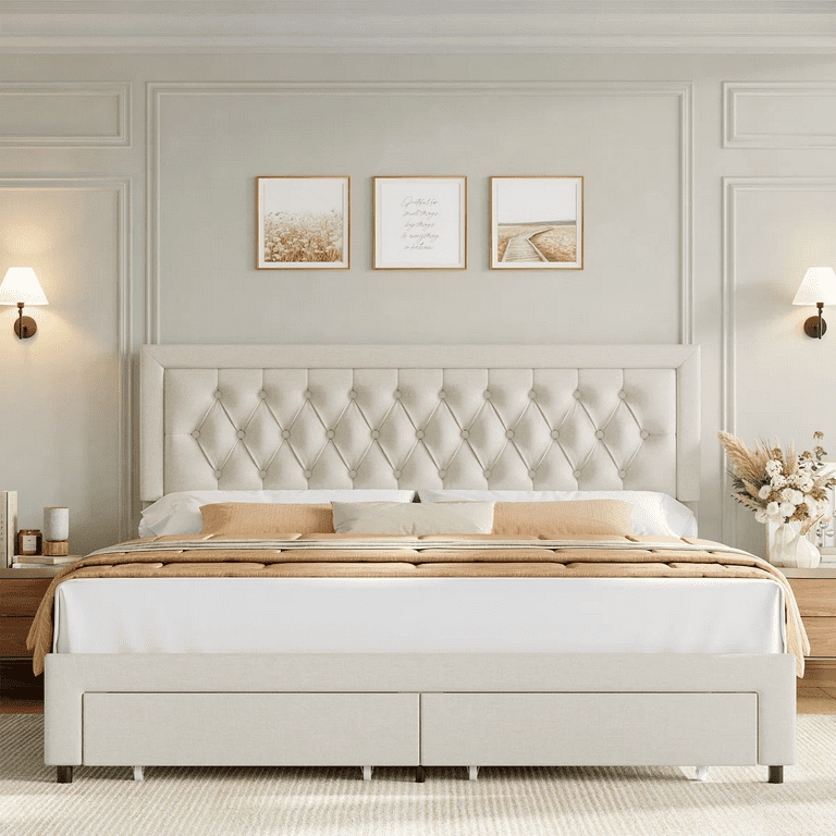 Button Tufted Platform Bed, Storage Drawers, Beige Linen-Like Fabric