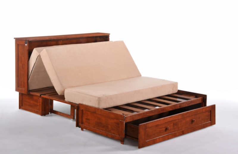 Cabinet Bed, Warm Wood Finish, Integrated Storage Drawer, Trifold Mattress.