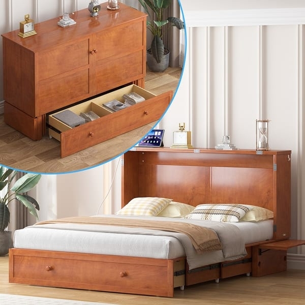 Cabinet Murphy Bed in Warm Wood Tone with Base Storage Drawer
