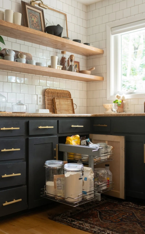 Cabinet Pull Out Organizer Charcoal Blind Corner Solution & Gold Pulls