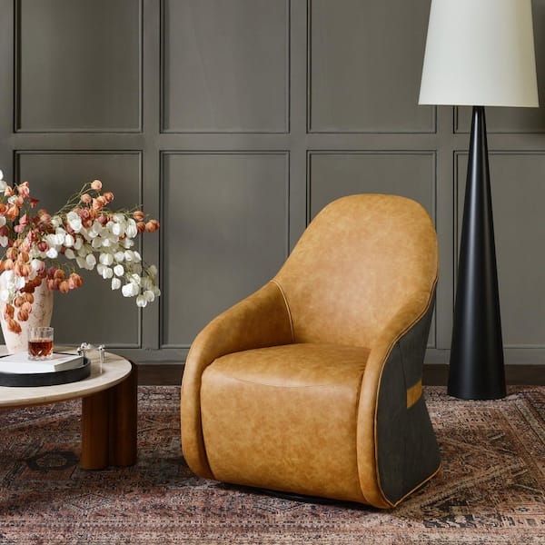 Camel and Charcoal Two-Tone Swivel Barrel Chair