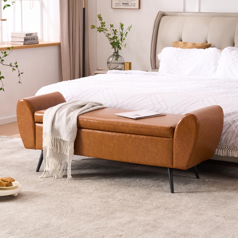 Camel Brown Faux Leather Storage Bench with Curved Arms