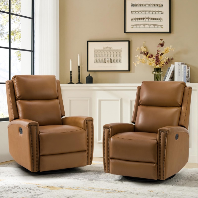 Camel Brown Swivel Rocker Recliner Manual Lever Nailhead Trim