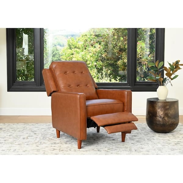 Camel Leather Pushback Recliner with Tufted Back & Tapered Legs
