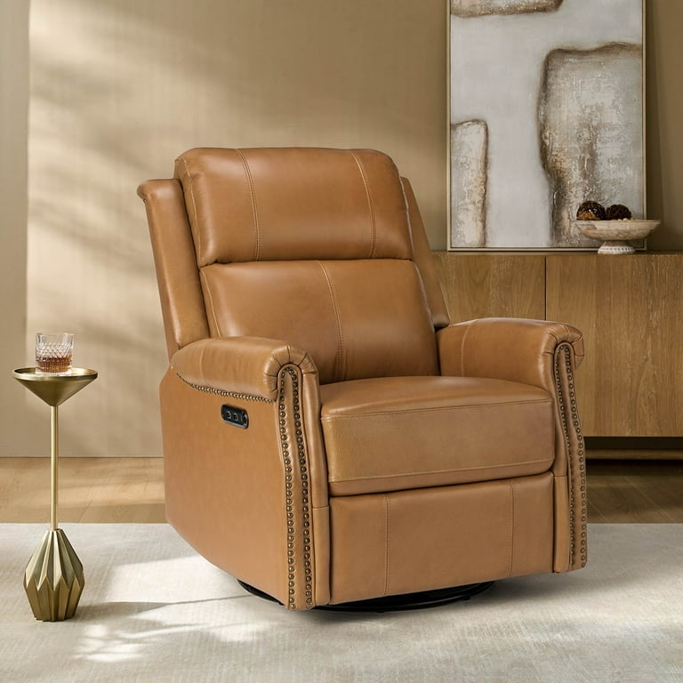 Camel Power Swivel Rocker Recliner with USB Port, Nailhead Trim