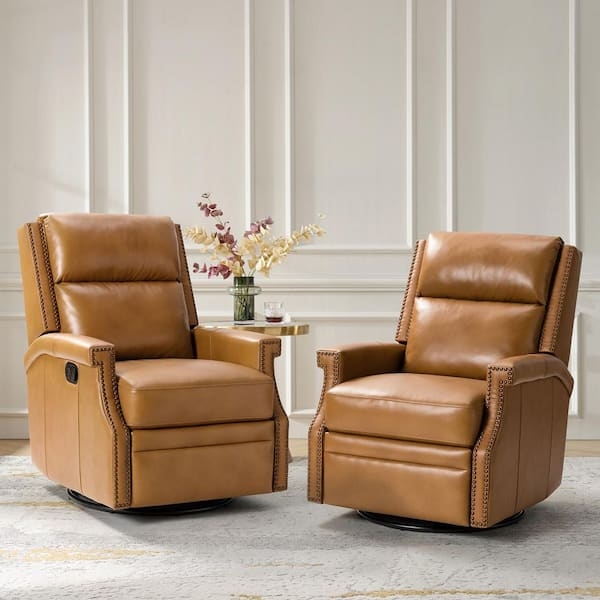 Camel Swivel Rocker Recliner, Nursery Chair with Nailhead Trim