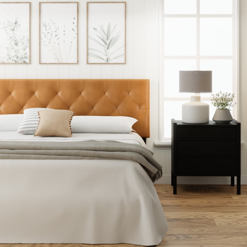 Camel Tufted Headboard Diamond Quilted Faux Leather Transitional Style