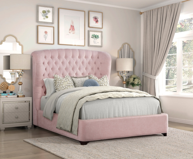 Cameo Pink Upholstered Wingback Bed with Linen-Like Texture
