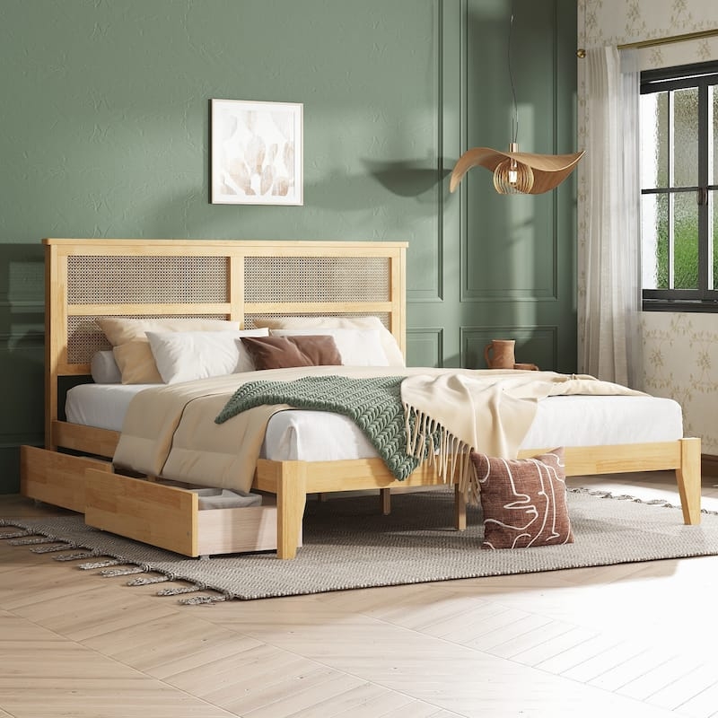 Cane Panel Bed Frame with Integrated Storage Drawers
