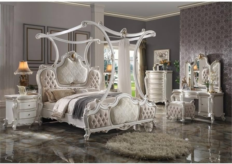 Canopy Bed: Antique Pearl, Arched Scrolled Frame, Tufted Rococo Style