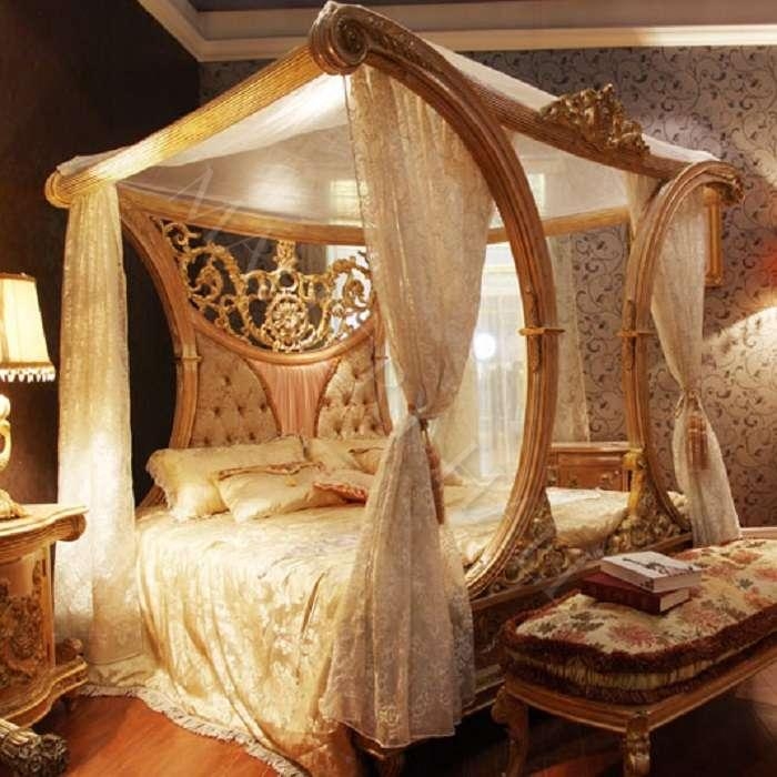 Canopy Bed Baroque Antique Gold Curved Frame Tufted Headboard
