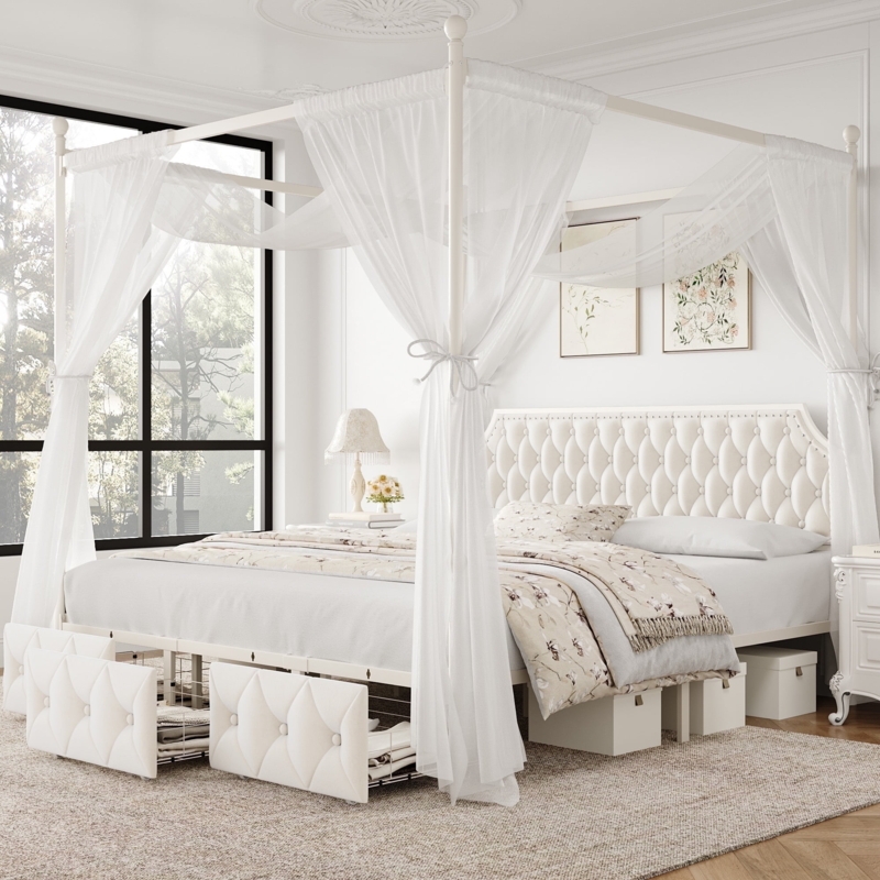 Canopy Bed Beige Upholstery, Tufted Storage Drawers and Curtains