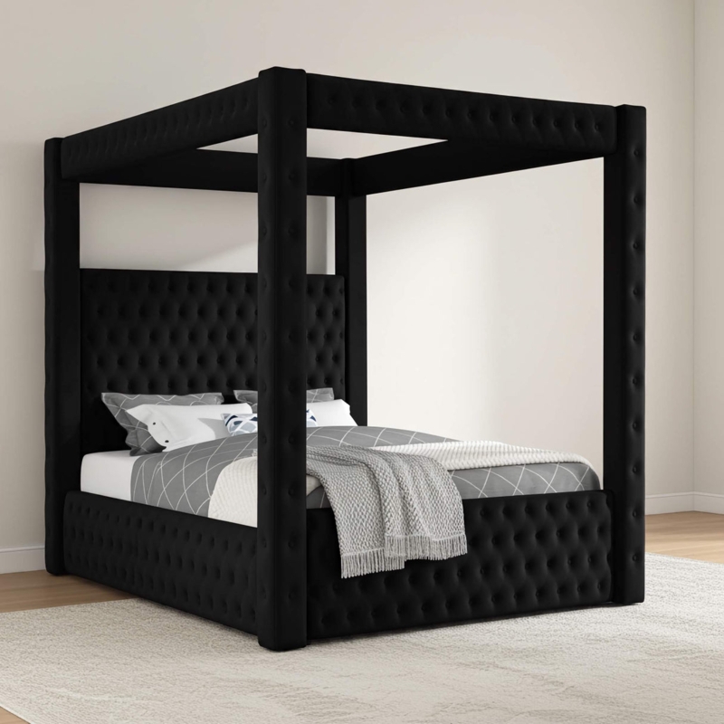 Canopy Bed Black Velvet Diamond Tufted Rails Glam Style (64 characters)