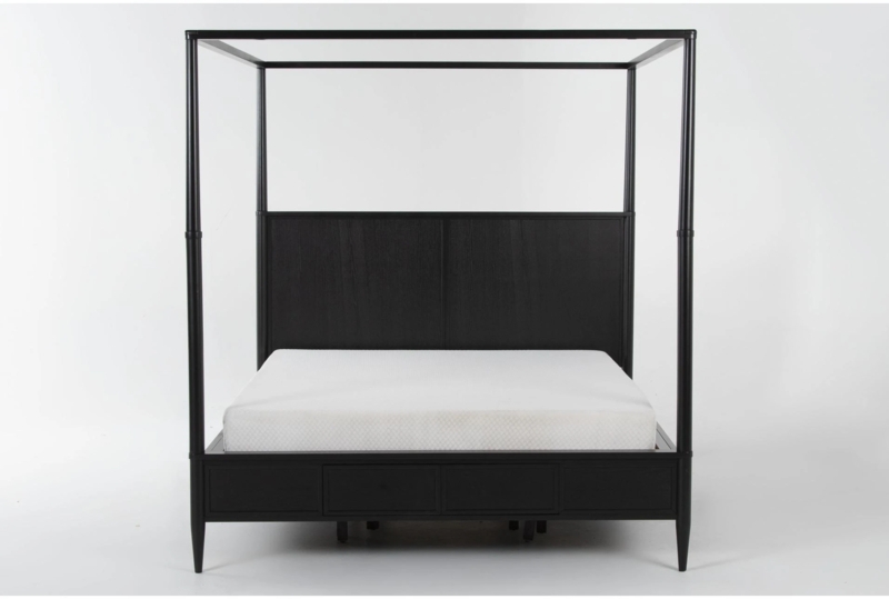 Canopy Bed Black Wood Solid Panel Headboard Tapered Legs