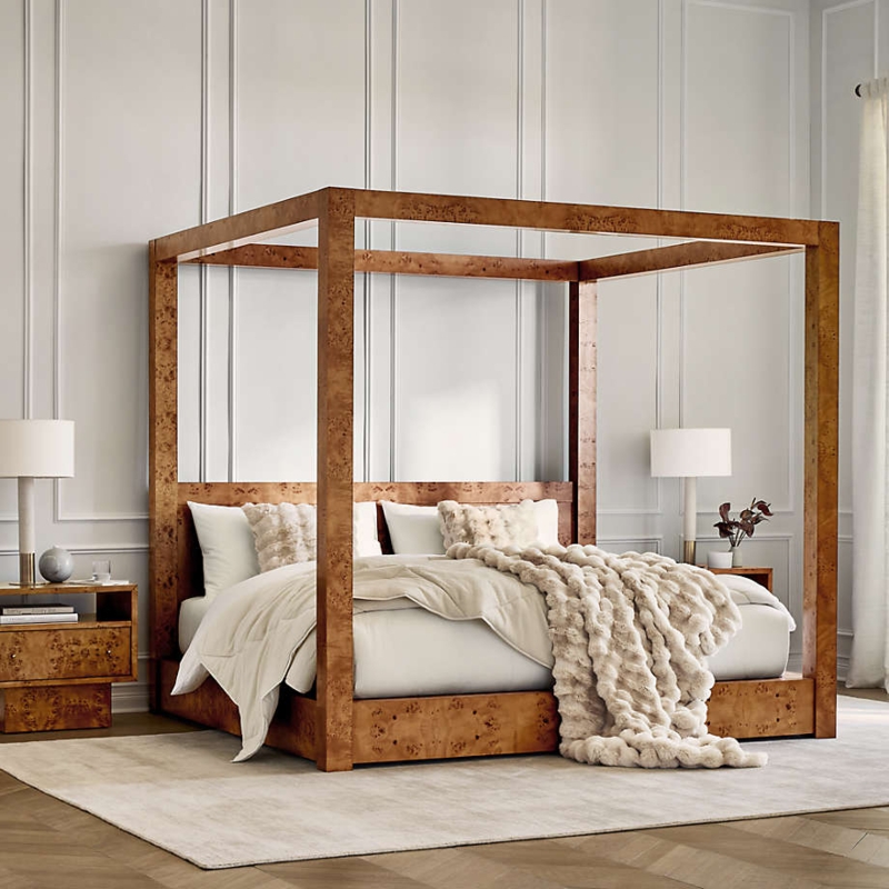 Canopy Bed Burl Wood Finish Modern Organic Styling Honey Brown