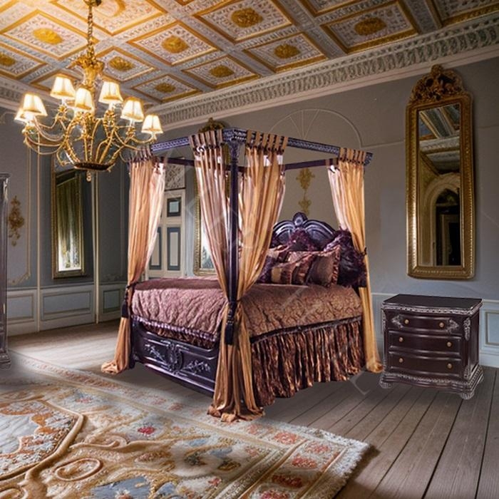 Canopy Bed Carved Wood Frame Gothic Style Opulent Sheer Drapes (71 characters)