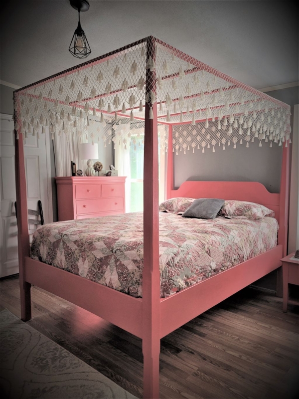Canopy Bed Coral-Pink Frame White Tassel Fringe Top
