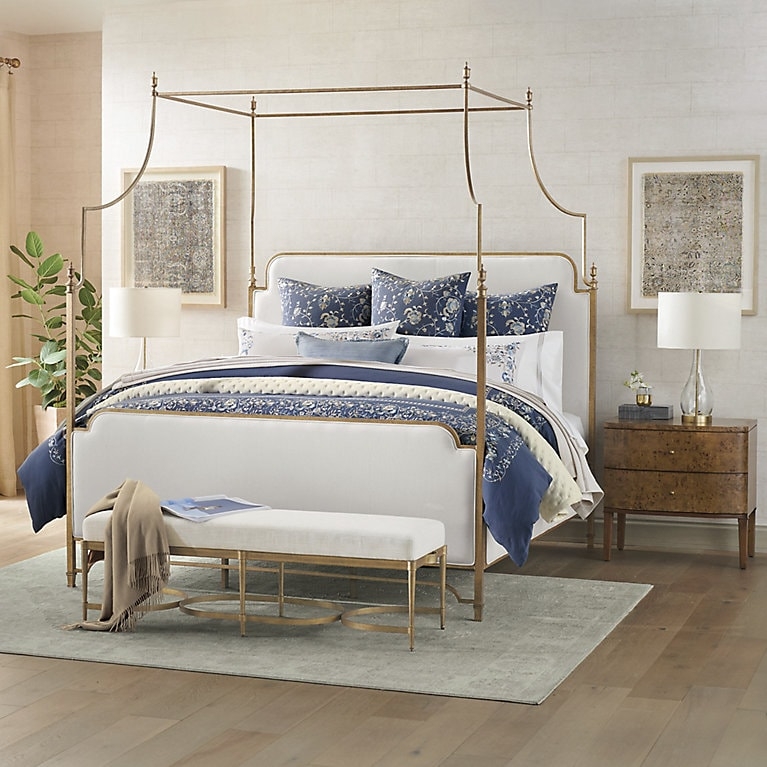 Canopy Bed Curved Metal Rails White Linen Upholstery Transitional