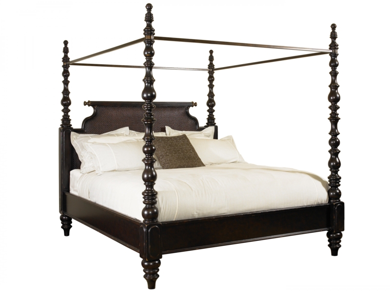 Canopy Bed: Dark Espresso Turned Spindle Posts & Woven Headboard Panel