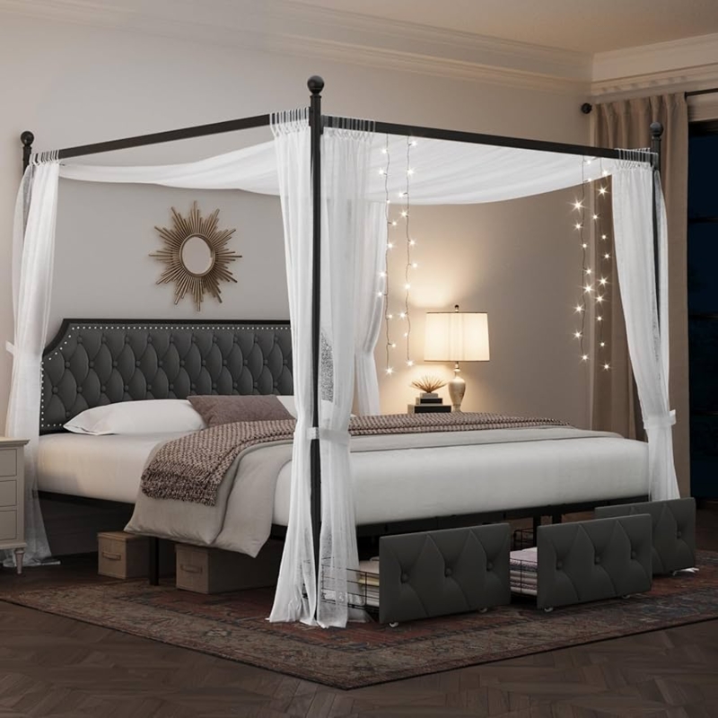 Canopy Bed Dark Grey Tufted Storage Drawers, Modern Glam Frame