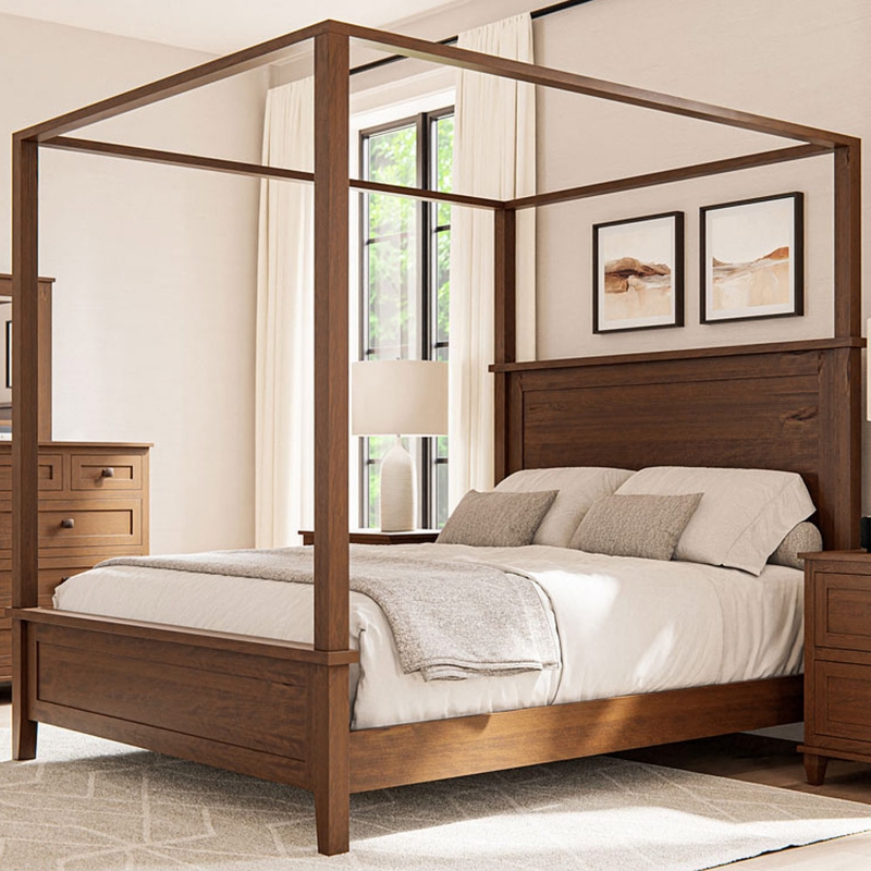 Canopy Bed Dark Wood Frame Solid Panel Headboard Modern Farmhouse