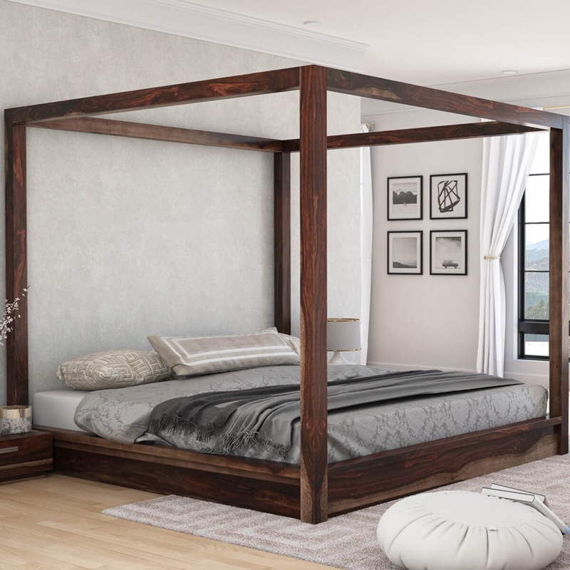 Canopy Bed Dark Wood Grain Minimalist Silhouette Modern Rustic Design