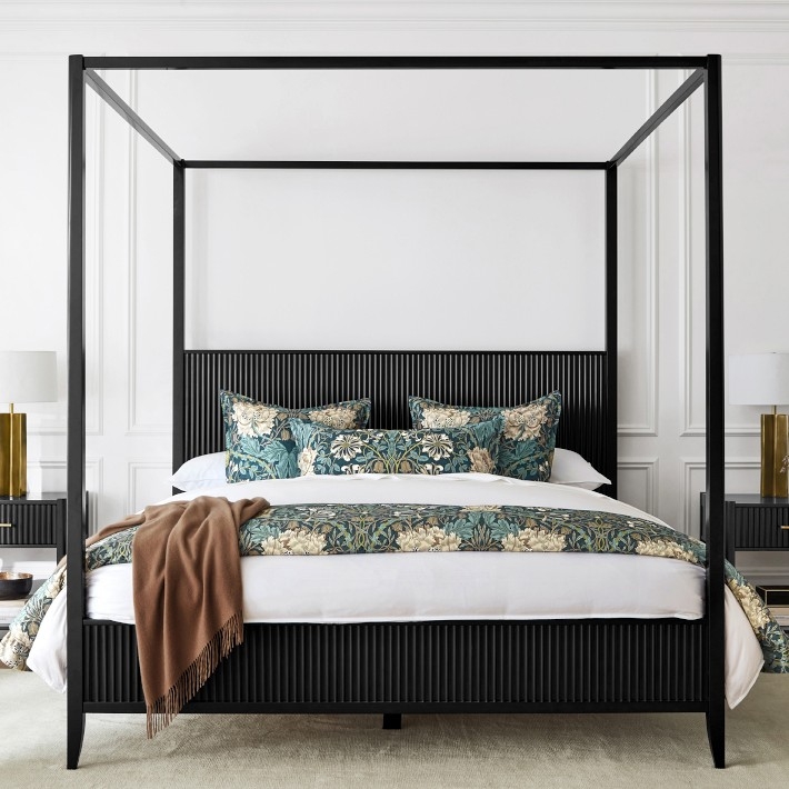 Canopy Bed Ebony Wood Ribbed Headboard Transitional Botanical (70 characters)