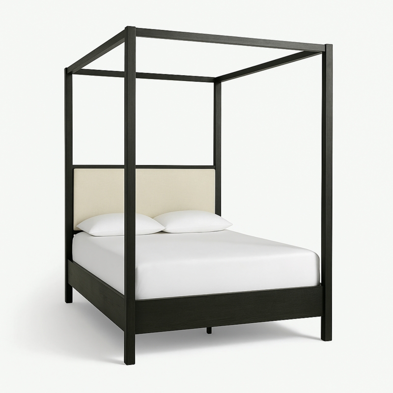 Canopy Bed Espresso Wood Cream Upholstered Headboard Modern Minimalist