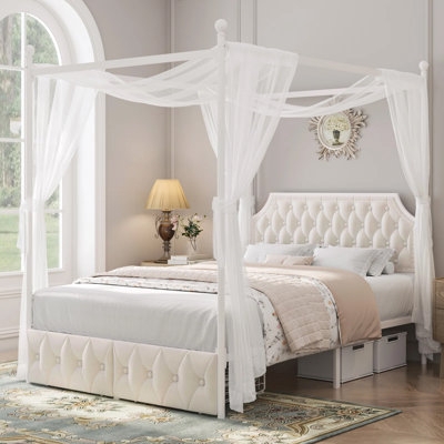Canopy Bed featuring Integrated Bench and Minimalist Black Metal Frame