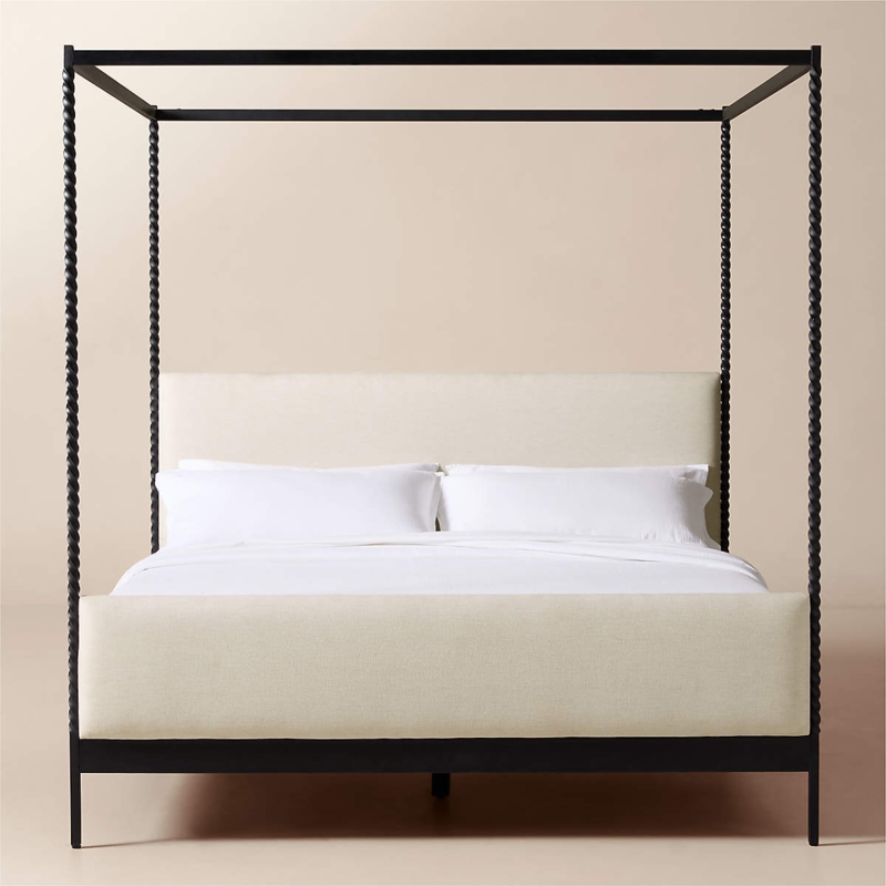 Canopy Bed Forged Steel with Twisted Posts and Warm White Upholstery