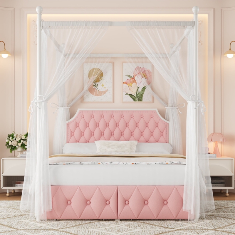 Canopy Bed Frame in Pink Upholstery with Storage Drawers