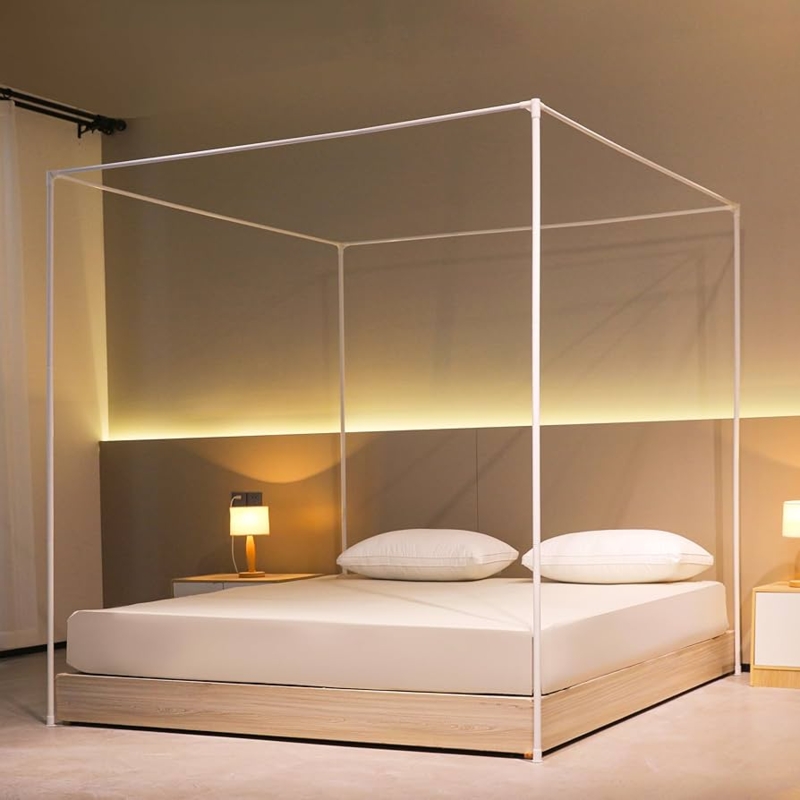 Canopy Bed Frame White Metal Tubing Ultra-Slim Minimalist Design