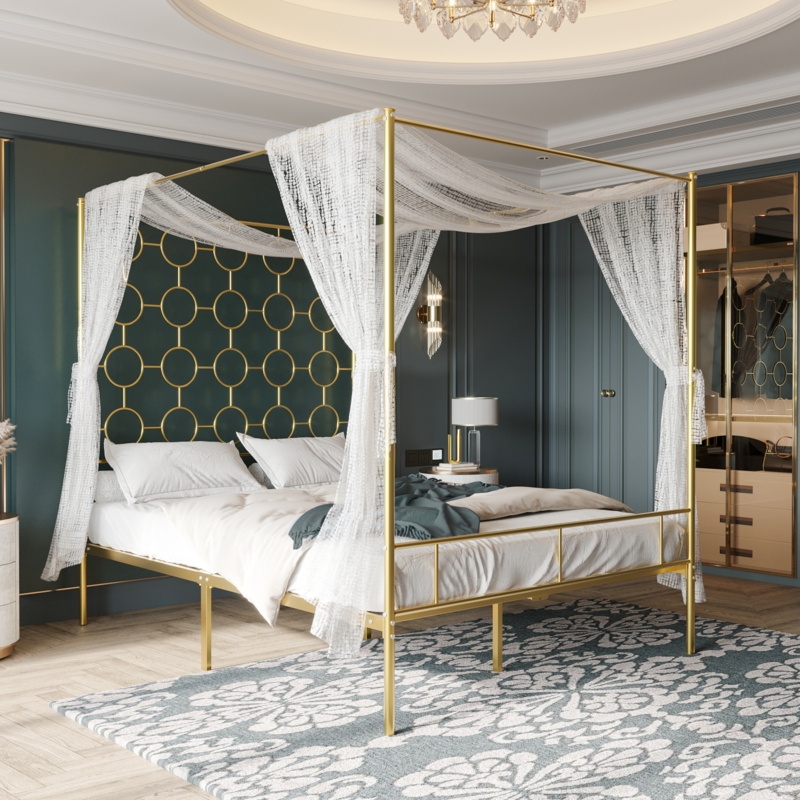 Canopy Bed Frame with Gold Finish and Mesh Drapery
