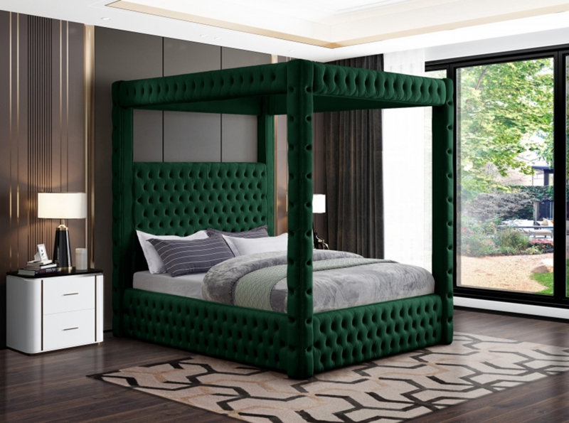 Canopy Bed, Fully Upholstered Frame, Emerald Green Velvet, Diamond Tufting