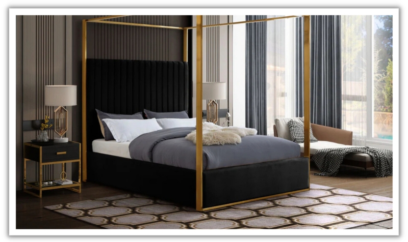 Canopy Bed Gold Frame Velvet Channel Tufted Glam Style (63 characters)