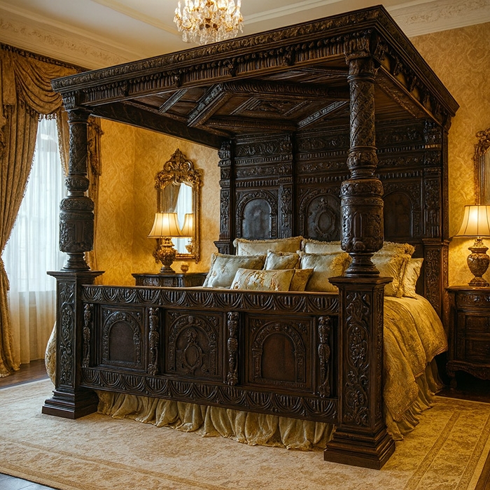Canopy Bed Heavily Carved Gothic Black Finish with Spiraled Posts