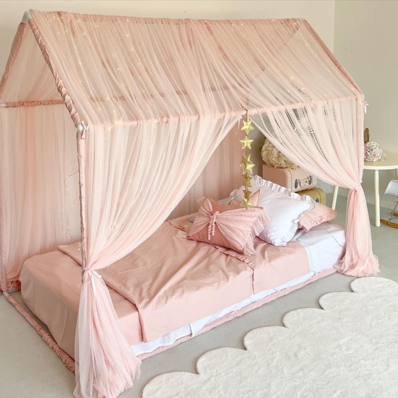 Canopy Bed House-Shaped Floor Frame Sheer Tulle
