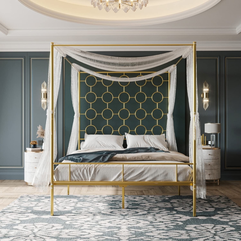 Canopy Bed Interlocking Circle Headboard Polished Metal Glam