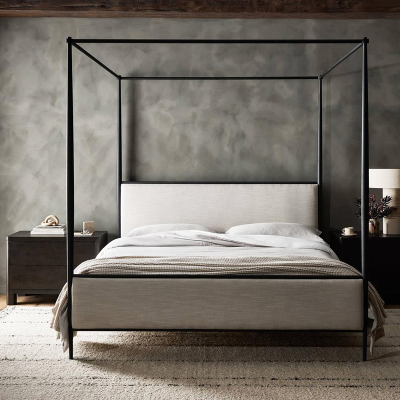 Canopy Bed Iron Frame Cream Upholstered Headboard Slim Profile (71 characters)