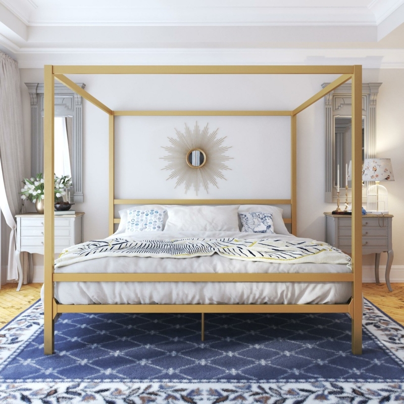 Canopy Bed King Size Gold Metal Frame Modern Slatted Headboard