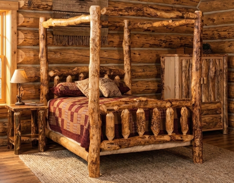 Canopy Bed Log Construction Natural Finish Rustic Wood Cabin Decor
