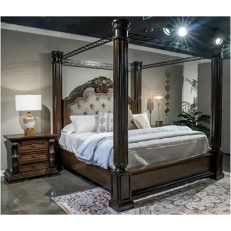 Canopy Bed: Massive Fluted Posts, Ornate Metal Rails, Dark Wood Finish