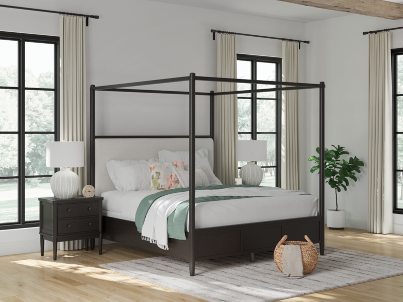 Canopy Bed Matte Charcoal Frame, Upholstered Performance Fabric